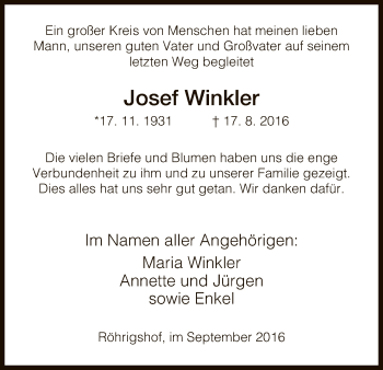 Traueranzeige von Josef Winkler von Hersfeld