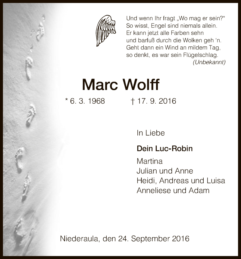  Traueranzeige für Marc Wolff vom 24.09.2016 aus Hersfeld