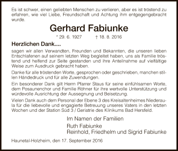 Traueranzeige von Gerhard Fabiunke von Hersfeld