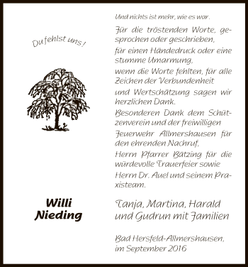 Traueranzeige von Willi Nieding von Hersfeld