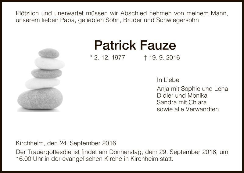  Traueranzeige für Patrick Fauze vom 24.09.2016 aus Hersfeld