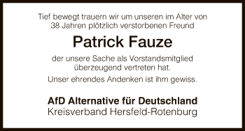 Traueranzeige von Patrick Fauze von Hersfeld