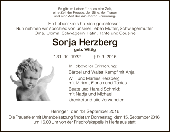 Traueranzeige von Sonja Herzberg von Hersfeld