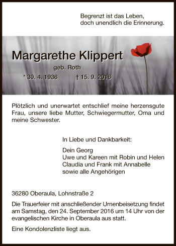 Traueranzeige von Margarethe Klippert von Hersfeld