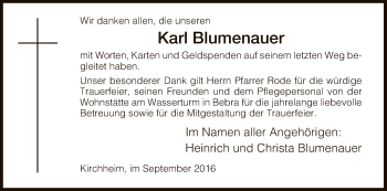 Traueranzeige von Karl Blumenauer von Hersfeld