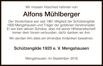 Traueranzeige von Alfons Mühlberger von Hersfeld