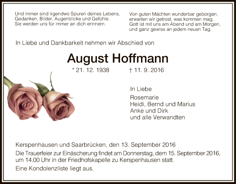  Traueranzeige für August Hoffmann vom 13.09.2016 aus Hersfeld