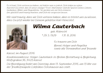 Traueranzeige von Wilma Lauterbach von Hersfeld