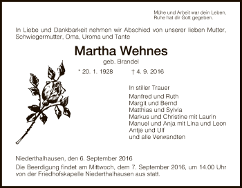 Traueranzeige von Martha Wehnes von Hersfeld