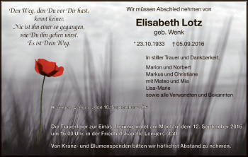 Traueranzeige von Elisabeth Lotz von Hersfeld