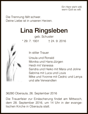 Traueranzeige von Lina Ringsleben von Hersfeld