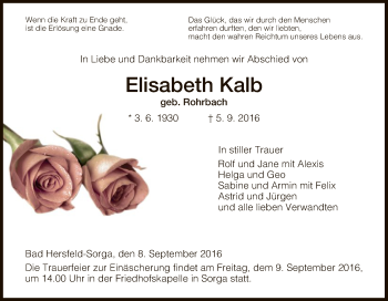 Traueranzeige von Elisabeth Kalb von Hersfeld