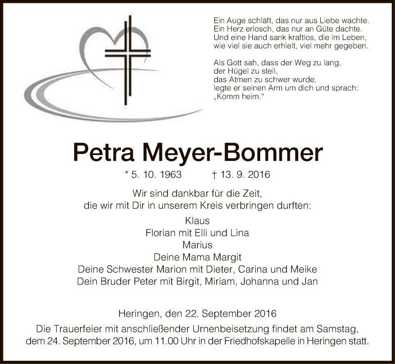  Traueranzeige für Petra Meyer-Bommer vom 22.09.2016 aus Hersfeld