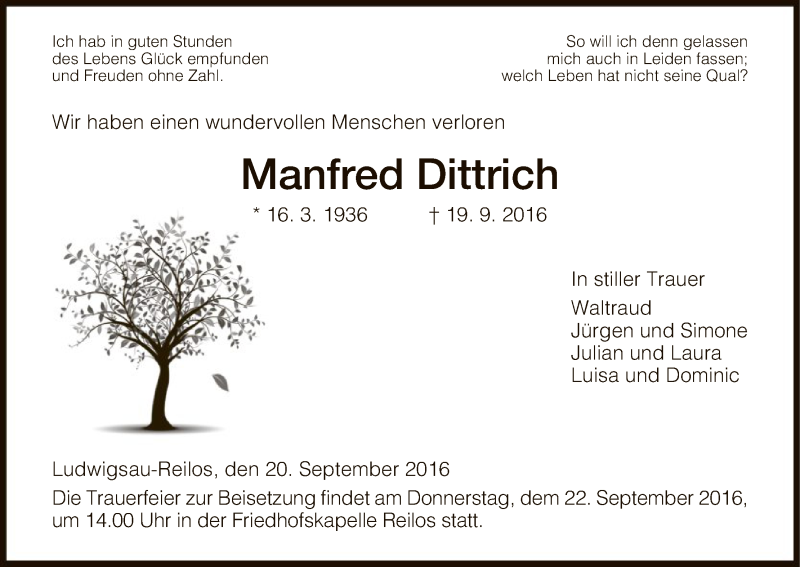  Traueranzeige für Manfred Dittrich vom 20.09.2016 aus Hersfeld