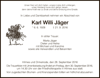 Traueranzeige von Karl Willi Jäger von Hersfeld