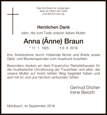 Traueranzeige von Anna Braun von Hersfeld