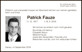 Traueranzeige von Patrick Fauze von Hersfeld