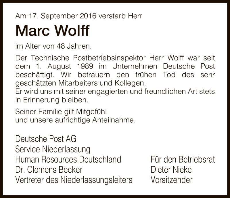  Traueranzeige für Marc Wolff vom 28.09.2016 aus Hersfeld