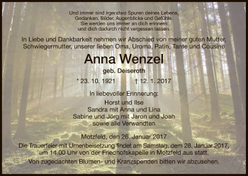 Traueranzeige von Anna Wenzel von Hersfeld