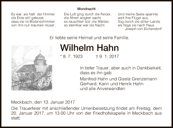 Traueranzeige von Wilhelm Hahn von Hersfeld