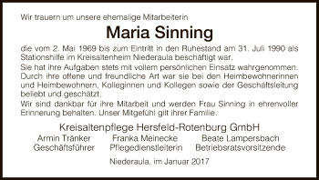 Traueranzeige von Maria Sinning von Hersfeld