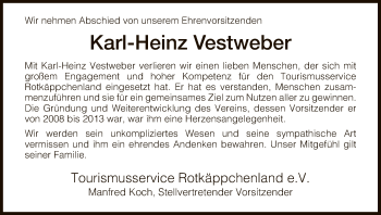 Traueranzeige von Karl-Heinz Vestweber von Hersfeld