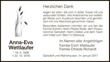 Traueranzeige von Anna-Eva Wettlaufer von Hersfeld