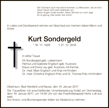 Traueranzeige von Kurt Sondergeld von Hersfeld