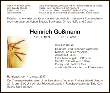 Traueranzeige von Heinrich Goßmann von Hersfeld