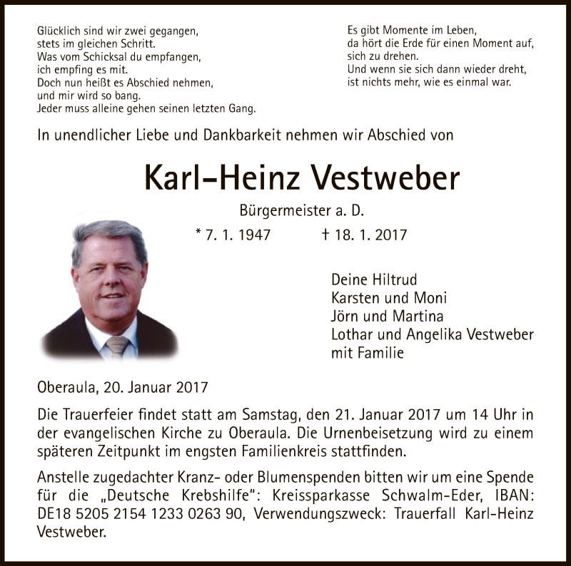  Traueranzeige für Karl-Heinz Vestweber vom 20.01.2017 aus Hersfeld