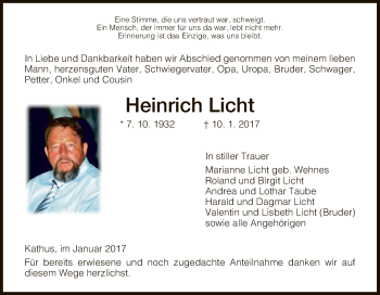 Traueranzeige von Heinrich Licht von Hersfeld