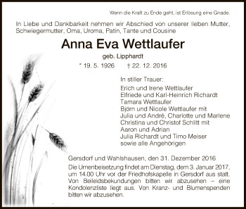 Traueranzeige von Anna Eva  Wettlaufer von Hersfeld