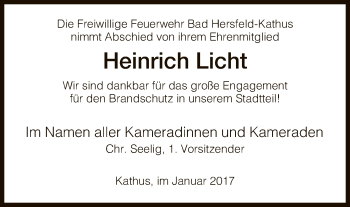 Traueranzeige von Heinrich Licht von Hersfeld