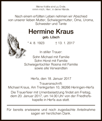 Traueranzeige von Hermine Kraus von Hersfeld