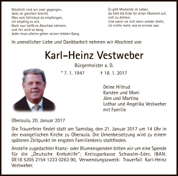 Traueranzeige von Karl-Heinz Vestweber von Hersfeld