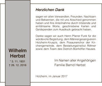 Traueranzeige von Wilhelm Herbst von Hersfeld