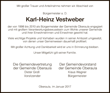 Traueranzeige von Karl-Heinz Vestweber von Hersfeld