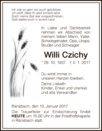 Traueranzeige von Willi Czichy von Hersfeld