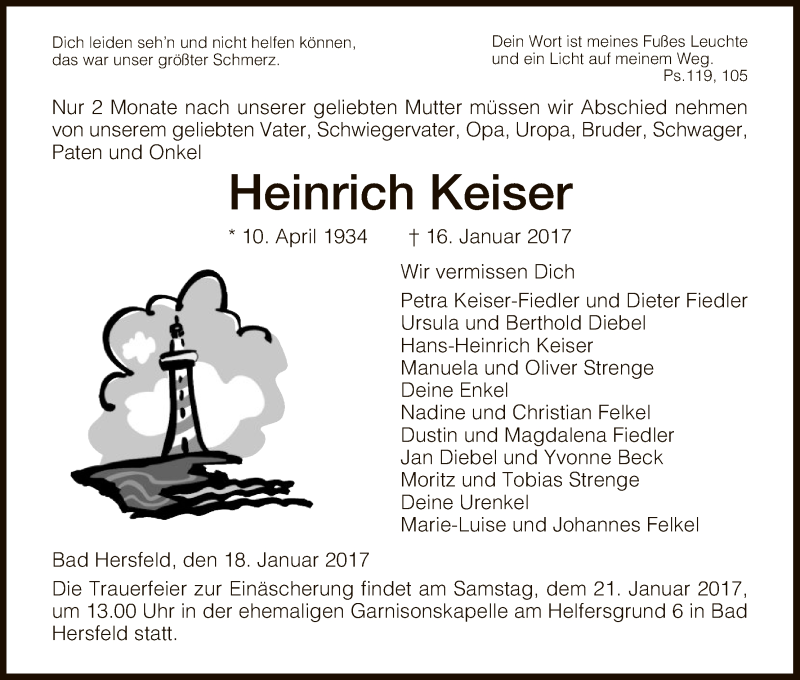  Traueranzeige für Heinrich Keiser vom 19.01.2017 aus Hersfeld