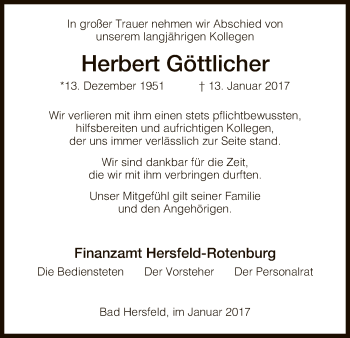 Traueranzeige von Herbert Göttlicher von Hersfeld