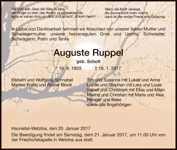 Traueranzeige von Auguste Ruppel von Hersfeld