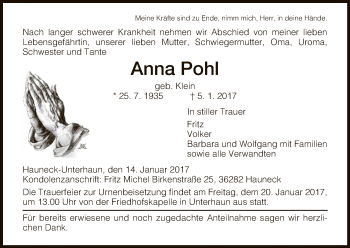 Traueranzeige von Anna Pohl von Hersfeld