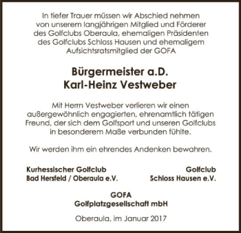 Traueranzeige von Karl-Heinz Vestweber von Hersfeld