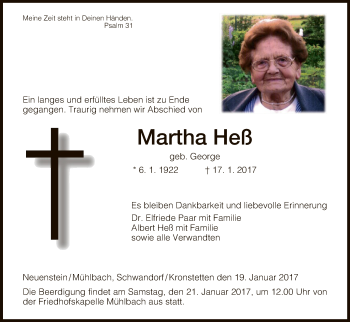 Traueranzeige von Martha Hess von Hersfeld