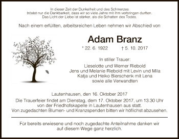 Traueranzeige von Adam Branz von Hersfeld