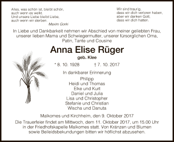 Traueranzeige von Anna Elise Rüger von Hersfeld