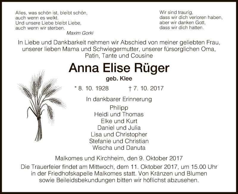  Traueranzeige für Anna Elise Rüger vom 09.10.2017 aus Hersfeld