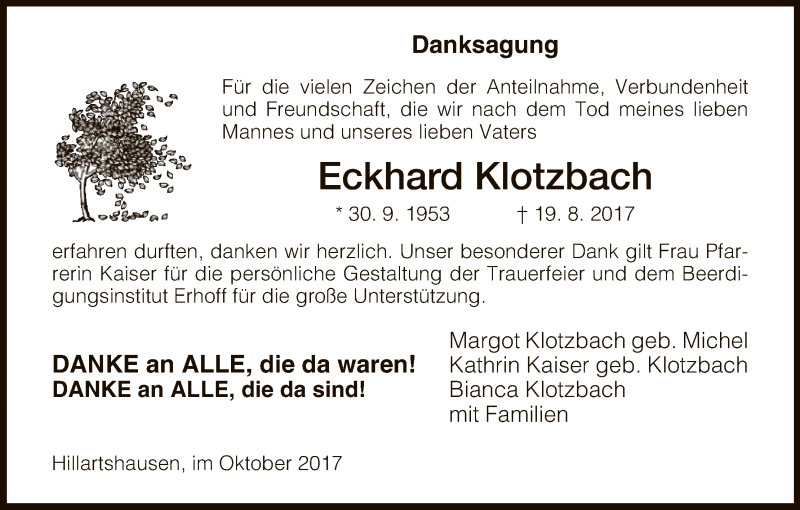  Traueranzeige für Eckhard Klotzbach vom 07.10.2017 aus Hersfeld