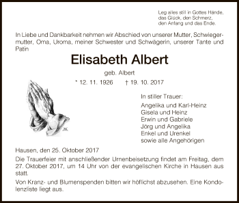 Traueranzeige von Elisabeth Albert von Hersfeld