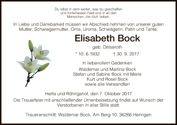 Traueranzeige von Elisabeth Bock von Hersfeld